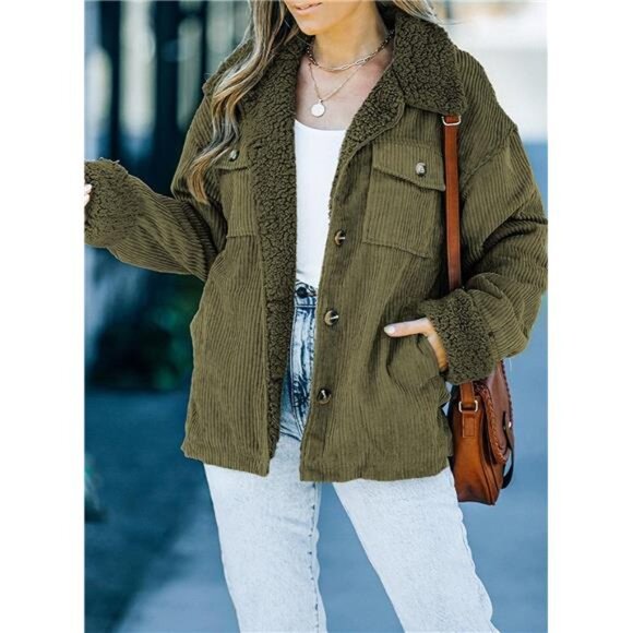 Women's Corduroy Sherpa Jacket Button Down Fleece Fur Collar Winter Coat - Picture 3 of 4